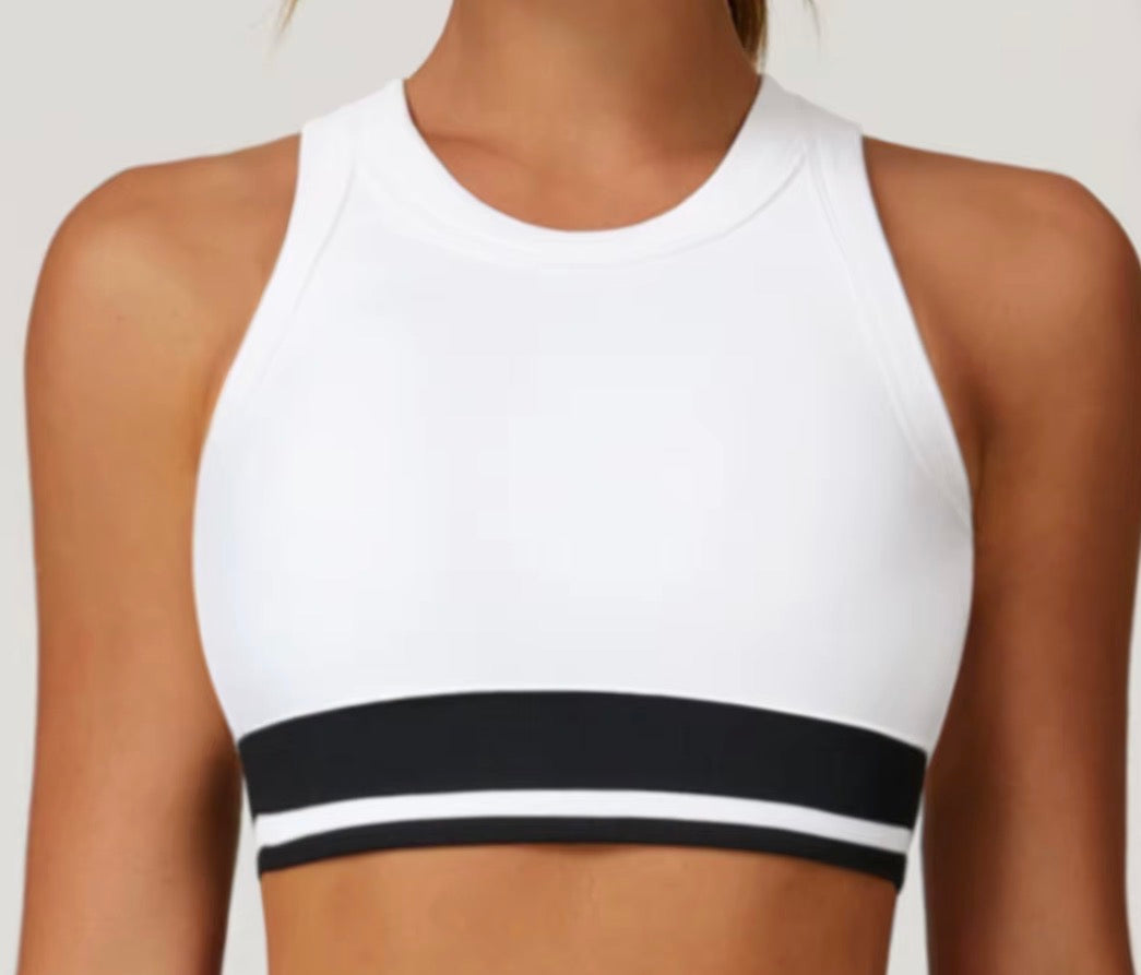 High-Neck Sports Bra – White with Black Stripe
